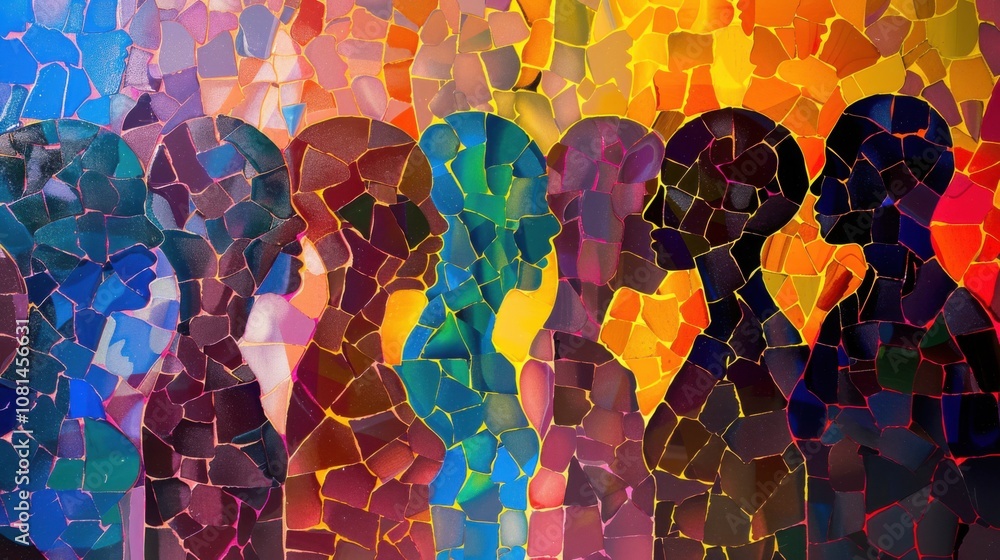 Poster a colorful mosaic of diverse human silhouettes blending into a vibrant abstract background, represen