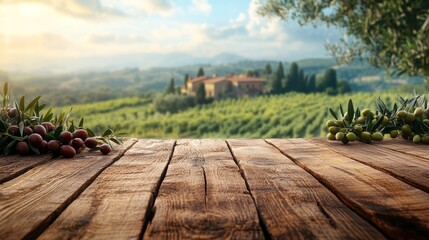 A close-up of a flat wooden table in the foreground of an Italian farm, with fresh olives placed on the table, showcasing the essence of Mediterranean agriculture and organic produce.
