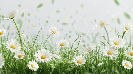 White or transparent background with twigs of green grass with daisy flowers