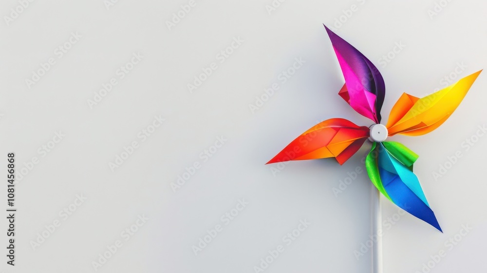 Poster a colorful windmill on a plain white background representing renewable energy and sustainability, em