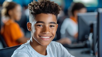 Smiling African American boy wearing casual clothes using computer in a diverse and modern classroom setting highlighting the importance of inclusive education and technology in learning environments