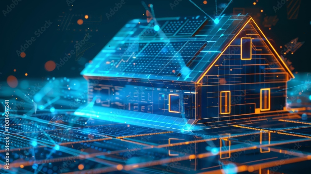 Poster a smart home boasting a shiny modern solar panel array connected to the latest 5g network reducing t