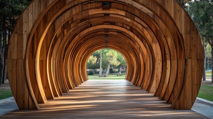 Wooden portico tunnel, 3 meters long, designed like the Maiombe forest, located in the center of a futsal field, creating a secluded and atmospheric space within the sports environment.