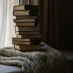 Cozy reading nook with a stack of books, a warm blanket, and soft lighting