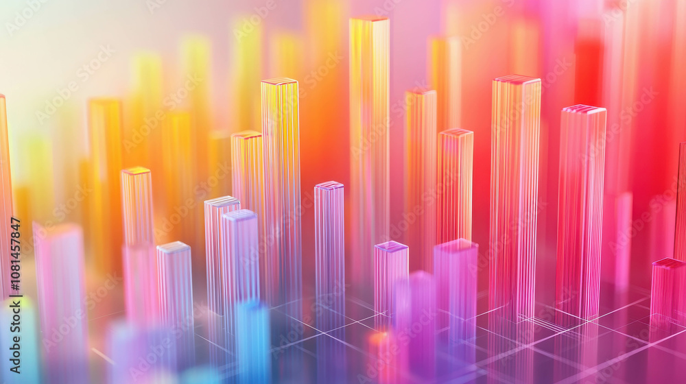 Poster abstract digital sound waves with colorful bars representing audio frequencies and data visualizatio