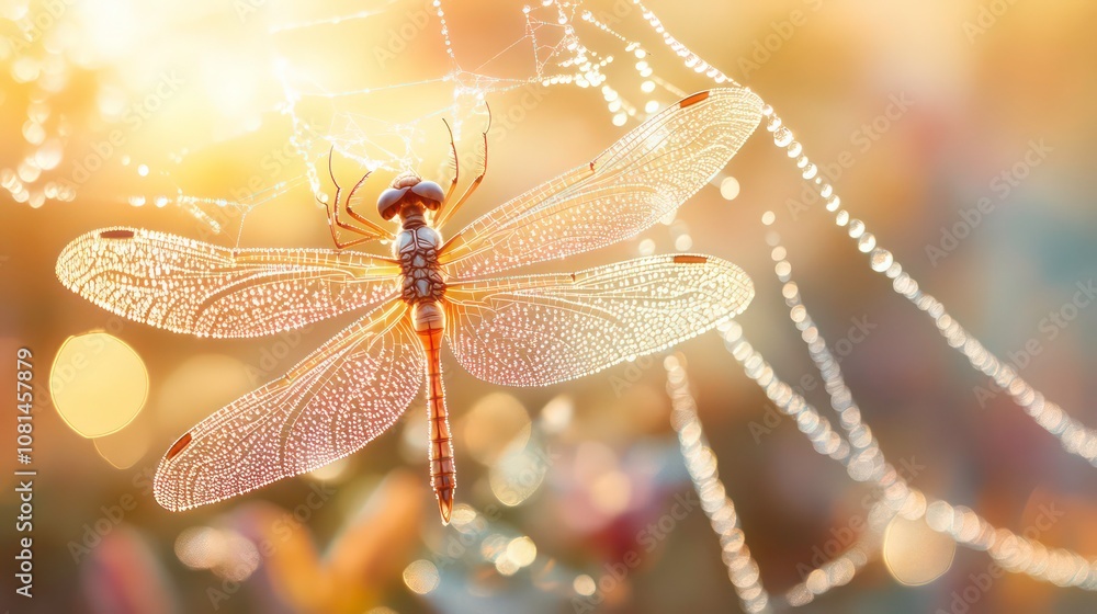 Poster vivid close-up of a dragonfly caught in a spider web with dew drops glistening in sunlight, showcasi