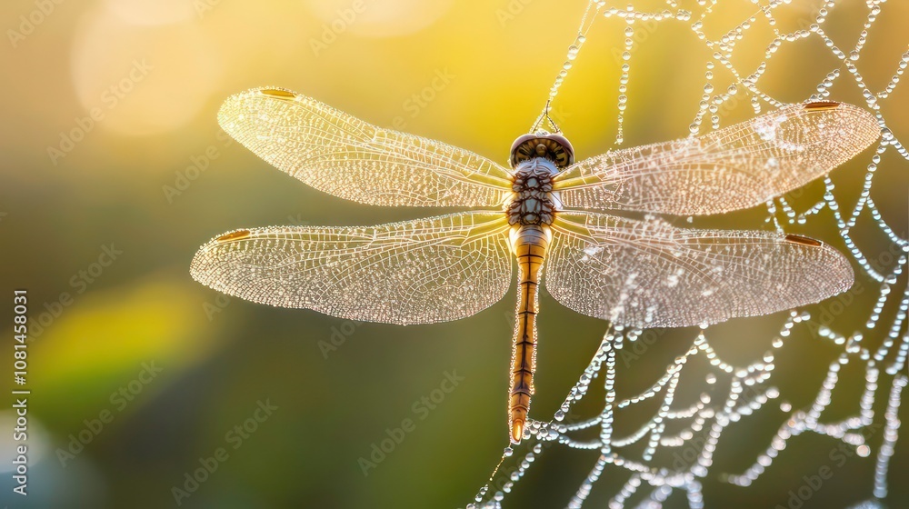 Poster a dragonfly with dew drops on its wings perched on a spider web with a golden glow in the background