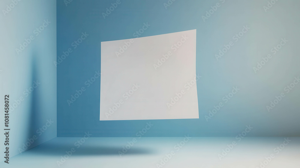 Poster minimalist blank paper sheet hanging in a soft blue room with subtle shadows, perfect for artistic d