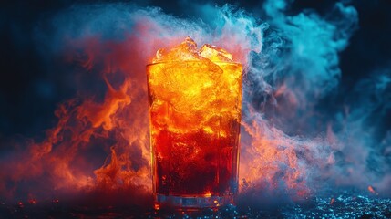 A glass of ice with red drink is surrounded by smoke and fire.
