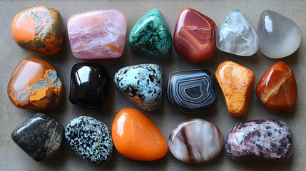 Collection of Polished Tumbled Stones:  Vibrant Colors and Unique Patterns in Gemstones, Showcasing Natural Beauty.