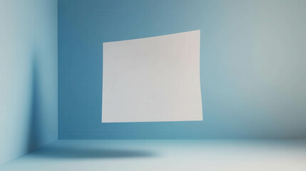Minimalist Blank Paper Sheet Hanging in a Soft Blue Room with Subtle Shadows, Perfect for Artistic Design or Creative Background Use for Various Projects