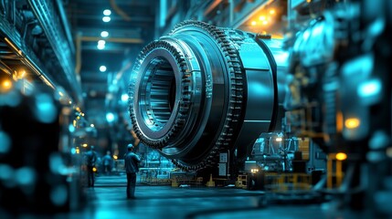 Fototapeta premium High tech power turbines are surrounded by engineers and mechanical equipment in energy production facilities, with a futuristic cool blue and silver tone, and engineers working in the background