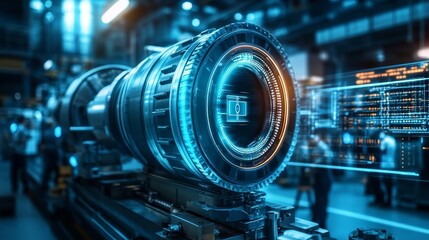 Fototapeta premium High tech power turbines are surrounded by engineers and mechanical equipment in energy production facilities, with a futuristic cool blue and silver tone, and engineers working in the background