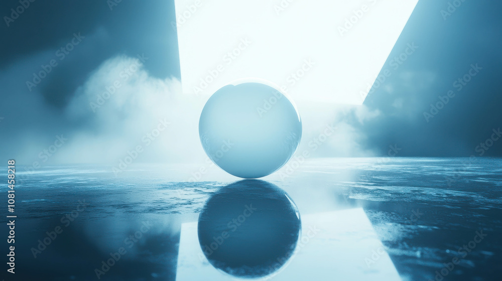 Poster abstract blue lighting with a spherical object on a reflective surface creating a mysterious and fut