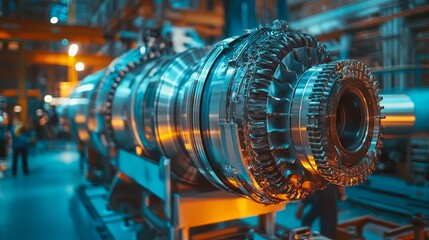 Fototapeta premium High tech power turbines are surrounded by engineers and mechanical equipment in energy production facilities, with a futuristic cool blue and silver tone, and engineers working in the background