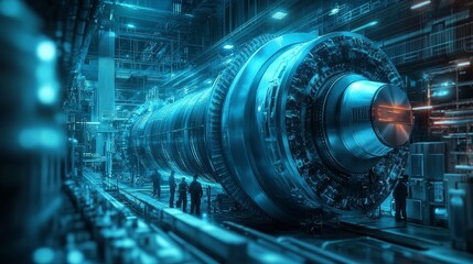 Fototapeta premium High tech power turbines are surrounded by engineers and mechanical equipment in energy production facilities, with a futuristic cool blue and silver tone, and engineers working in the background