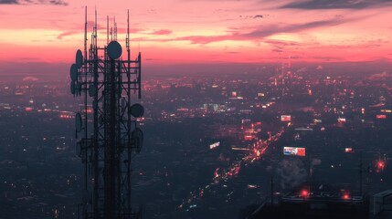 Cityscape with Cell Tower at Sunset