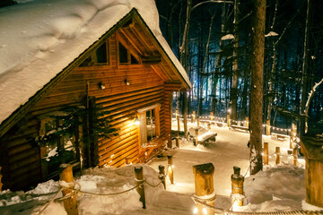 Wooden house with a path in winter forest at night.