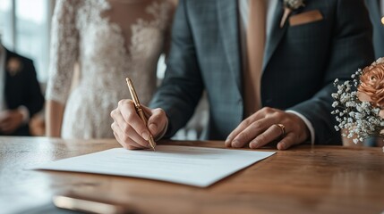 Close-up of groom signing marriage document
