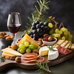 Sophisticated Wine and Charcuterie Board With Artisan Cheeses, Cured Meats, Fresh Fruit, and Herb Garnishes for a Refined and Luxurious Culinary Experience