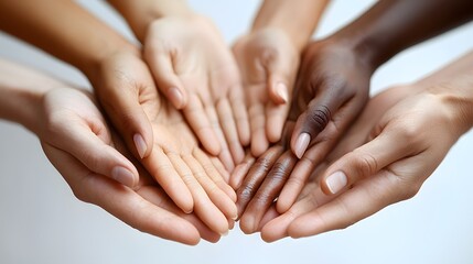 3D cartoon rendering of hands from diverse people coming together in a circle, teamwork concept, isolated on white background