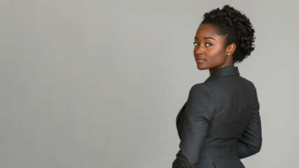 Fototapeta premium African business woman in suit blazer isolated on gray, lawyer secretary