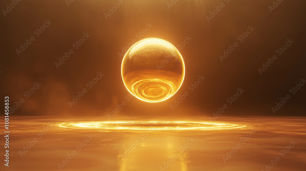 Poster illuminating sphere suspended in golden light amidst ethereal mist on shimmering surface creating an