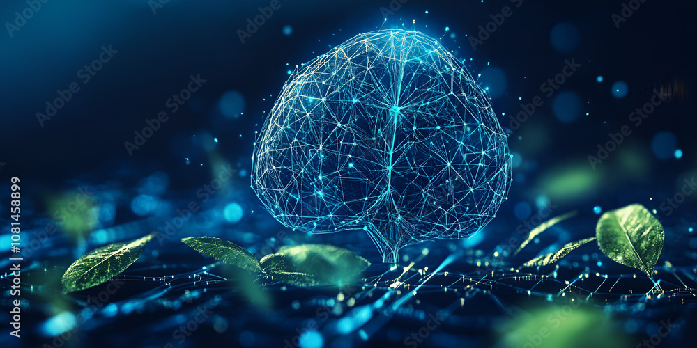 Poster neural growth: abstract brain in nature scene. a digital rendering of a brain composed of glowing li