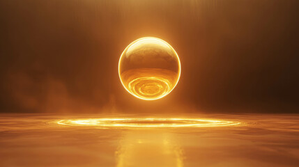 Illuminating Sphere Suspended in Golden Light Amidst Ethereal Mist on Shimmering Surface Creating an Enigmatic and Captivating Atmosphere