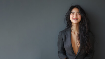 Obraz premium Chinese business woman in suit blazer isolated on gray, lawyer secretary