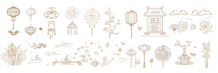 "A large set of gold line art vector elements for the Lunar New Year":