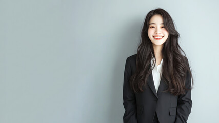 Fototapeta premium Chinese business woman in suit blazer isolated on gray, lawyer secretary