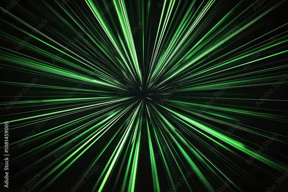 Poster dynamic green light rays creating an abstract starburst effect against a black background, ideal for