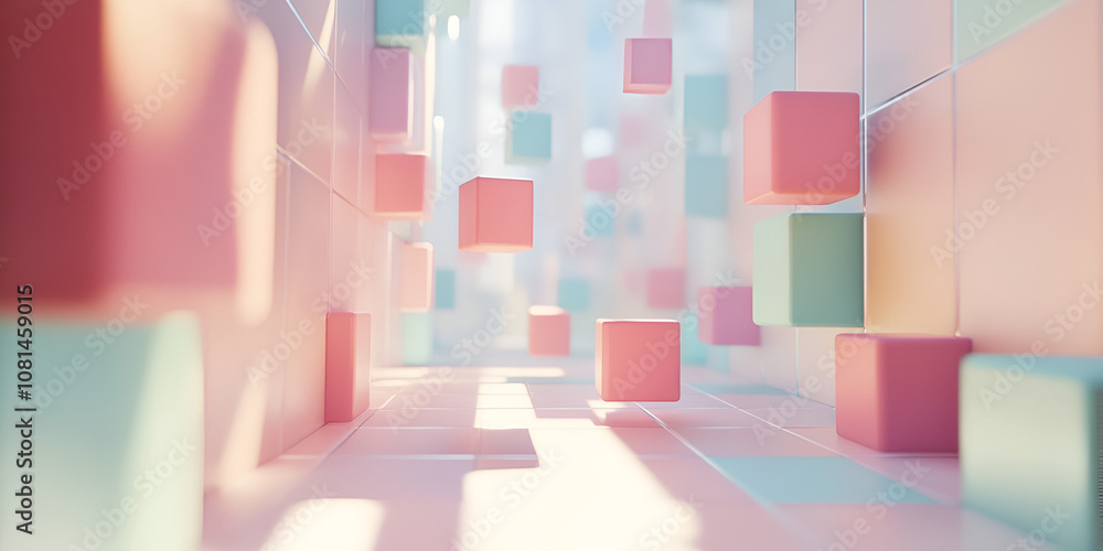 Poster pastel cube dreamscape: abstract 3d render of floating pastel cubes in a dreamy, surreal corridor. s