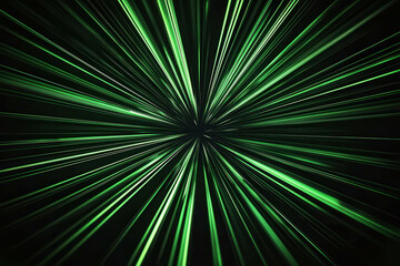 Obraz premium Dynamic Green Light Rays Creating an Abstract Starburst Effect Against a Black Background, Ideal for Modern Designs and Digital Art Projects.