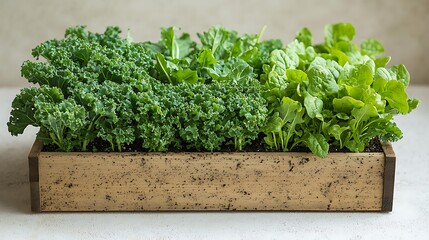Fototapeta premium Fresh Green Leafy Vegetables Growing in Wooden Planter Box