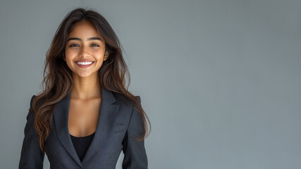 Fototapeta premium Indian business woman in suit blazer isolated on gray, lawyer secretary