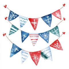 Obraz premium Colorful watercolor Christmas bunting with snowflakes and stripes. Perfect for festive decorations and holiday celebrations