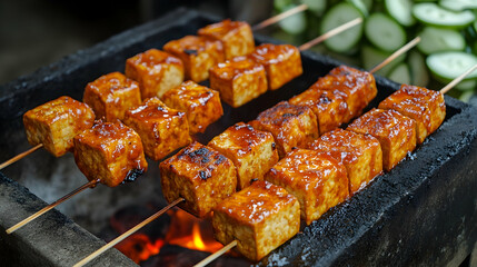 Grilled skewers of marinated tofu are cooking over hot coals, glazed with a savory sauce, alongside fresh cucumber slices, showcasing a delicious vegetarian dish.