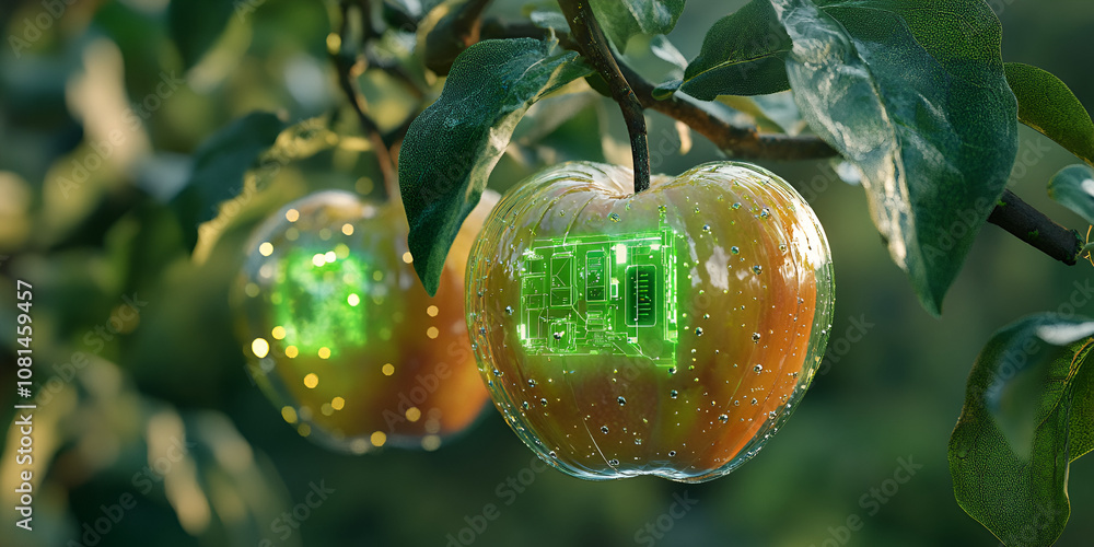 Poster bio-digital apples: futuristic concept image of two apples growing on a tree branch, their skins tra