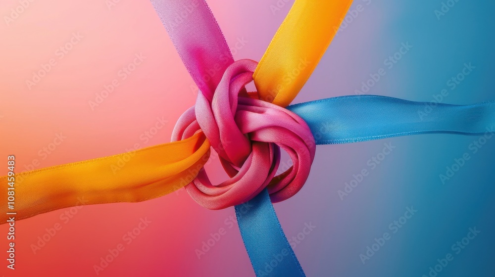Aufkleber A conceptual image of colorful ribbons intertwining into a unified knot against a gradient backdrop, Embodying unity in diversity, photography style