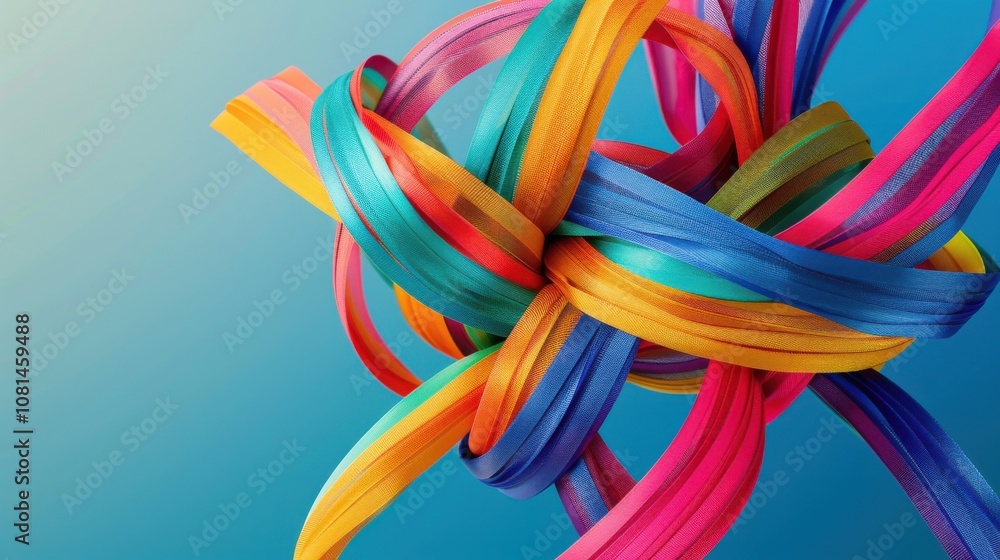 Aufkleber A conceptual image of colorful ribbons intertwining into a unified knot against a gradient backdrop, Embodying unity in diversity, photography style