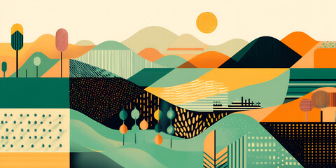 Abstract Landscape: Sunlit Hills and Industrial Harmony 