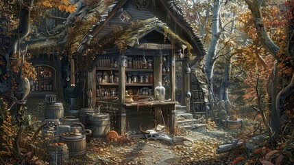 Obraz premium A rustic cabin deep in the woods where a lone hermit spends their days concocting mysterious remedies and performing ancient rituals. The cabin is filled with dried herbs animal bones