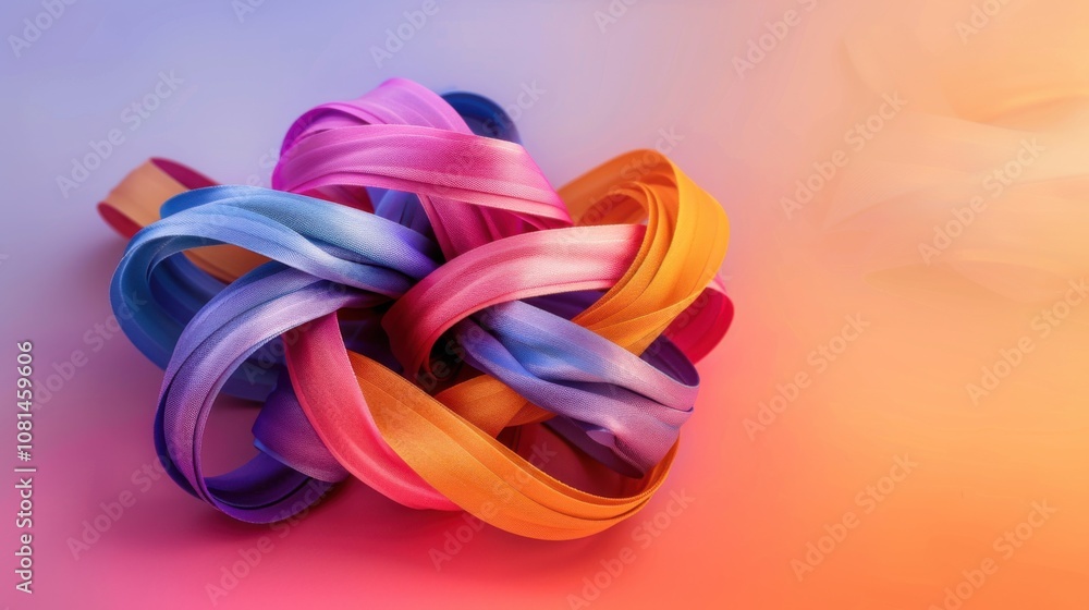 Poster A conceptual image of colorful ribbons intertwining into a unified knot against a gradient backdrop, Signifying unity in diversity, photography style