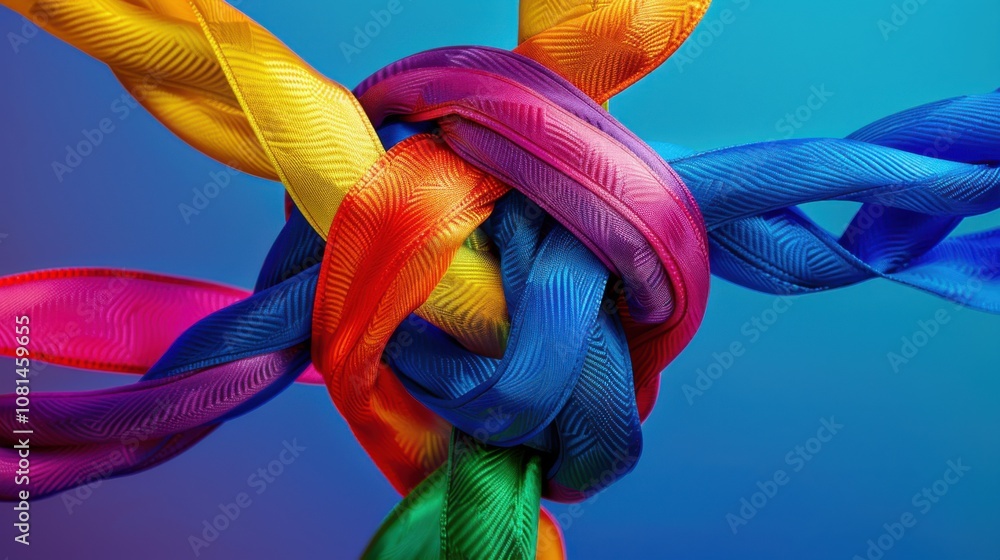 Poster A conceptual image of colorful ribbons intertwining into a unified knot against a gradient backdrop, Signifying unity in diversity, photography style