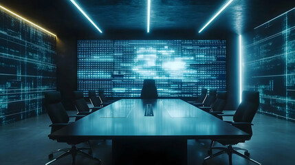Cybersecurity Meeting Room: 3D Render of a Futuristic Conference Table with Digital Data Background