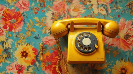 Vintage yellow telephone with rotary dial on a vibrant matching background, showcasing classic retro technology and nostalgic charm