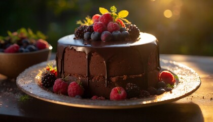 Rich Chocolate Cake with Decadent Layers of Ganache and Topped with Fresh Berries, Photographed in Low Light for a Dark and Indulgent Dessert Scene