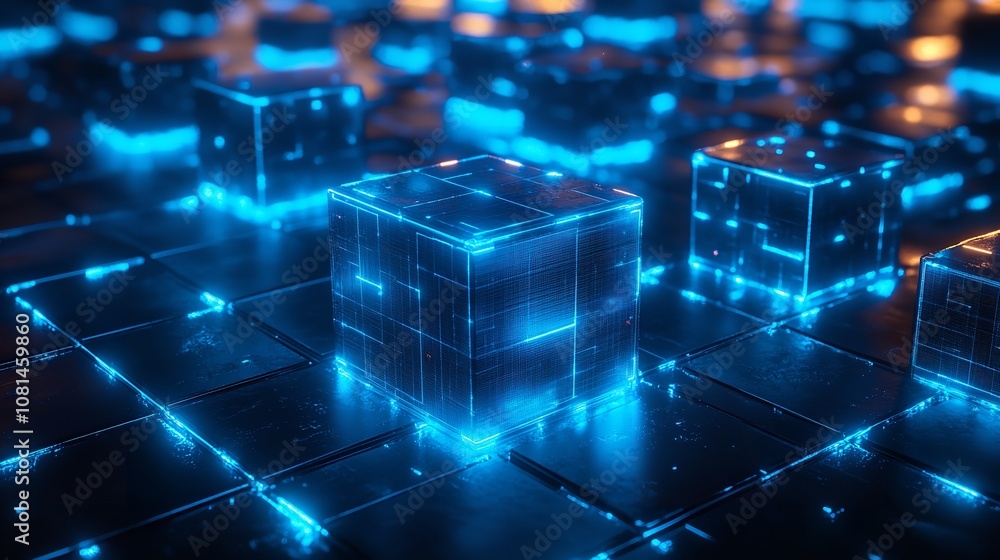 Aufkleber this image presents a glowing blue cube surrounded by an expansive network of illuminated points rep
